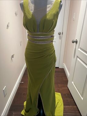AQ/AQ Olive Green Plunge Evening Gown with Silver Trim